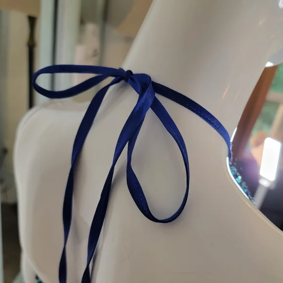 Blue Ombre Sequin Halter Dress w/ Beaded Waistband Prom Formal - Picture 6 of 13